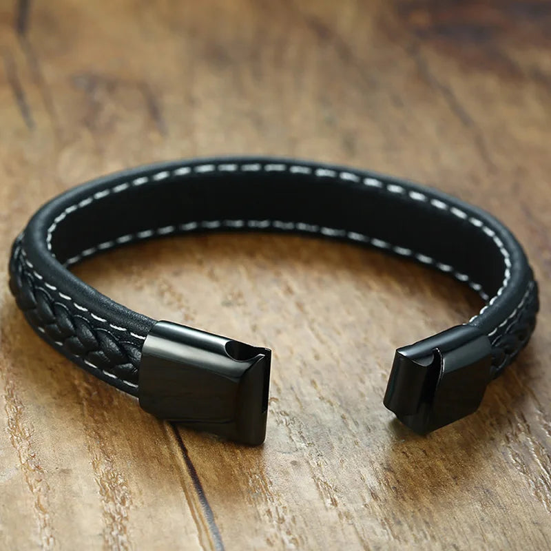 Type 1 Diabetes Medical Alert Bracelet Black Leather Emergency ID